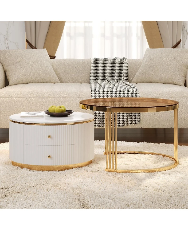 Streamdale Furniture Modern 2-Piece Round Nesting Coffee Table with Drawers & Glass Top