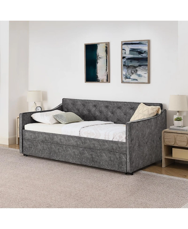 Streamdale Furniture Twin Upholstery DayBed with Pop-up Trundle & Usb Charging