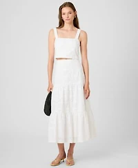 French Connection Womens Square Neck Floral Eyelet Crop Top Tiered Skirt