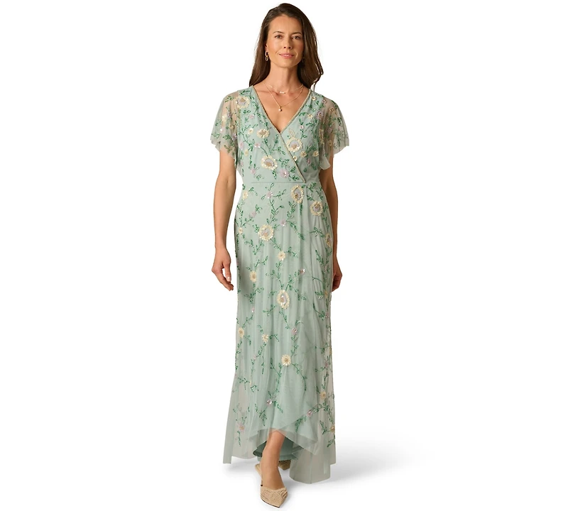 Adrianna Papell Women's Bead Flutter-Sleeve Midi Mesh Dress