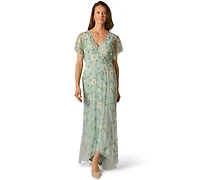 Adrianna Papell Women's Bead Flutter-Sleeve Midi Mesh Dress