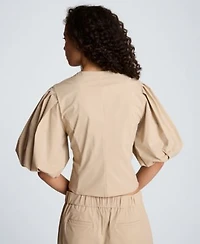 Kenneth Cole Womens Button Front Bubble Sleeve Top Pull On Wide Leg Bungee Hem Pants