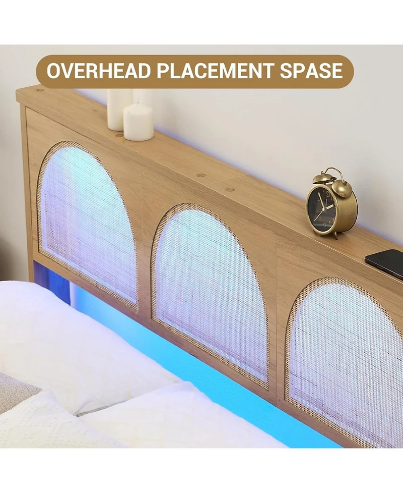 gaomon Boho Rattan Bed Frame Wood Platform Smart Rgb Led Rattan Headboard Under Storage No Box Spring Easy Assembly