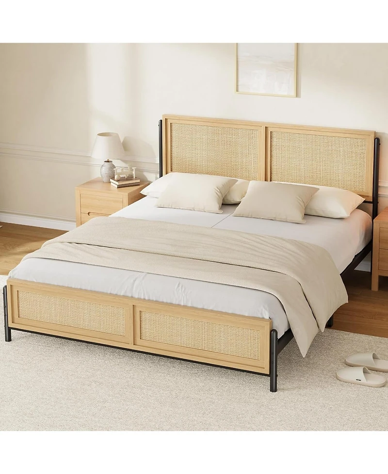 gaomon Bed Frame with Rattan Headboard and Footboard, Boho Wooden Platform, No Box Spring Needed, Easy Assembly