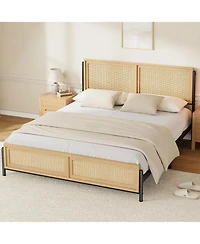 gaomon Bed Frame with Rattan Headboard and Footboard, Boho Wooden Platform, No Box Spring Needed, Easy Assembly
