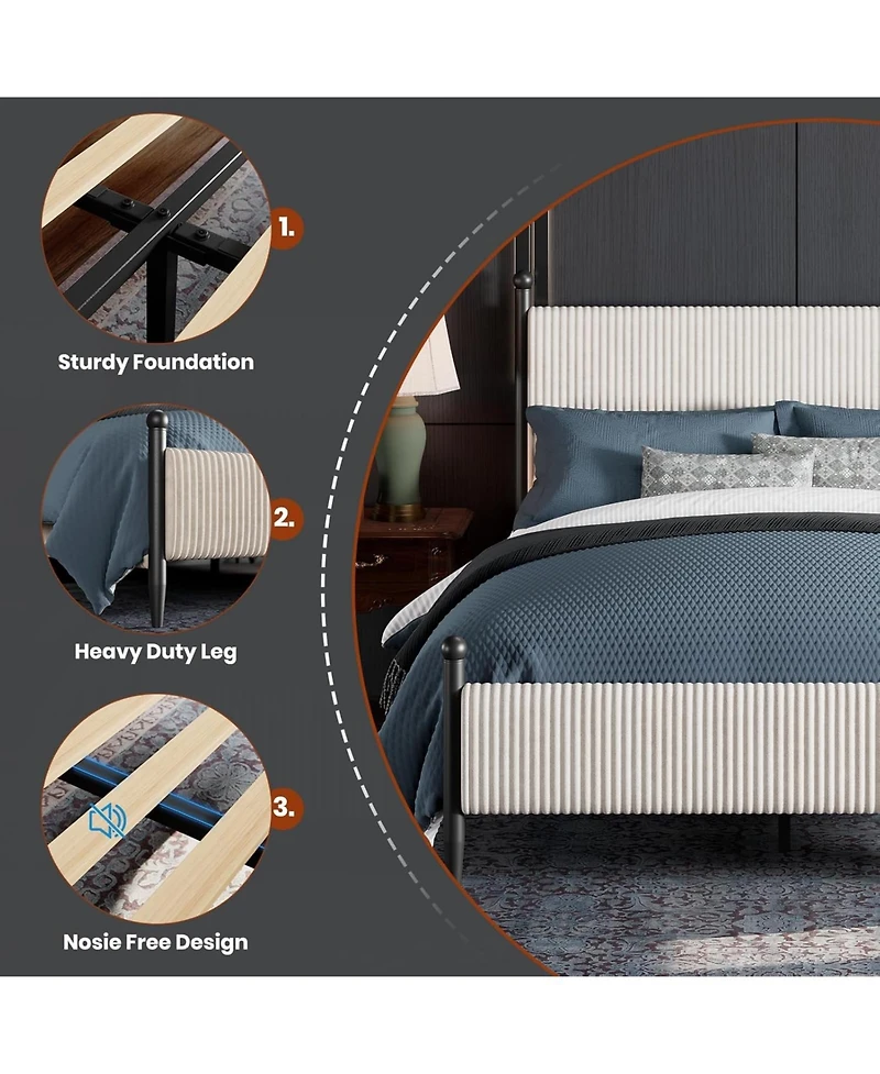 gaomon Velvet Corduroy Fabric Bed Frame, Plywood and Iron Construction, Cone-Shaped Iron Foot