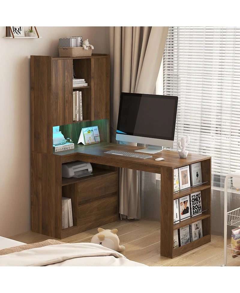 Streamdale Furniture L-Shaped Desk with Drawers, Led Light, Bookshelf, Modern Corner Desk