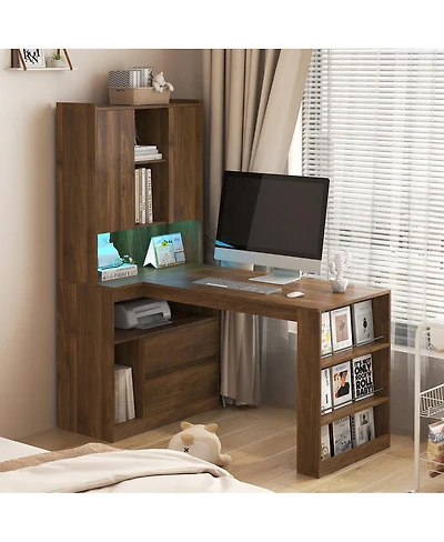 Streamdale Furniture L-Shaped Desk with Drawers, Led Light, Bookshelf, Modern Corner Desk