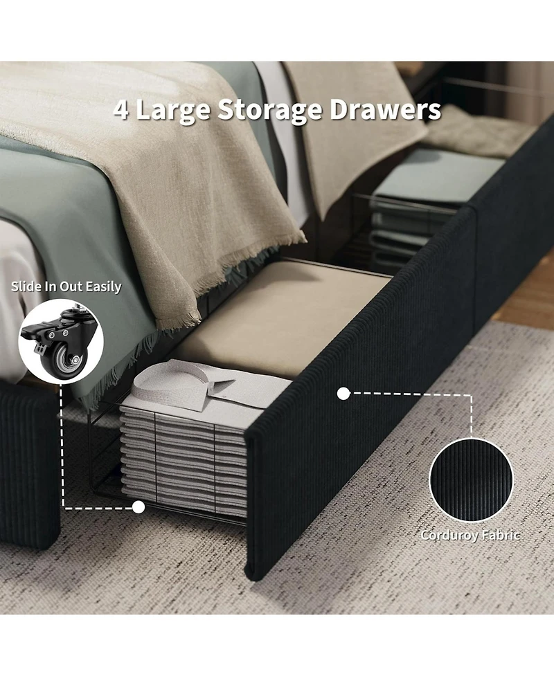 gaomon Full Upholstered Platform Bed Frame 4 Storage Drawers Corduroy Tufted Wingback Headboard Wood Slat Support No Box Spring