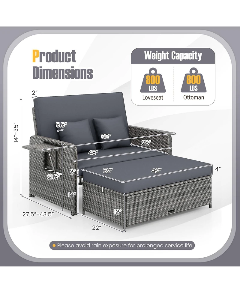 Gymax Patio Daybed Set Rattan Loveseat Sofa Set w/ Adjustable Backrest Cushions