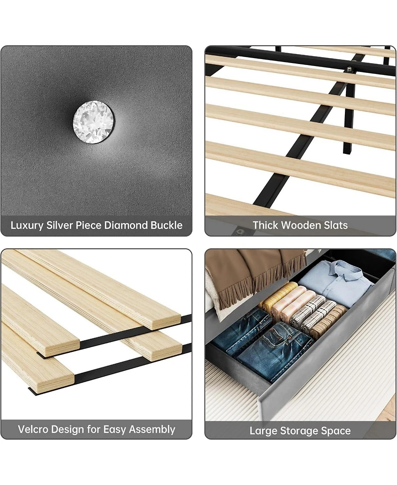 gaomon Bed Frame Upholstered Platform 4 Storage Drawers Diamond Tufted Headboard Wooden Slats No Box Spring Easy Assembly