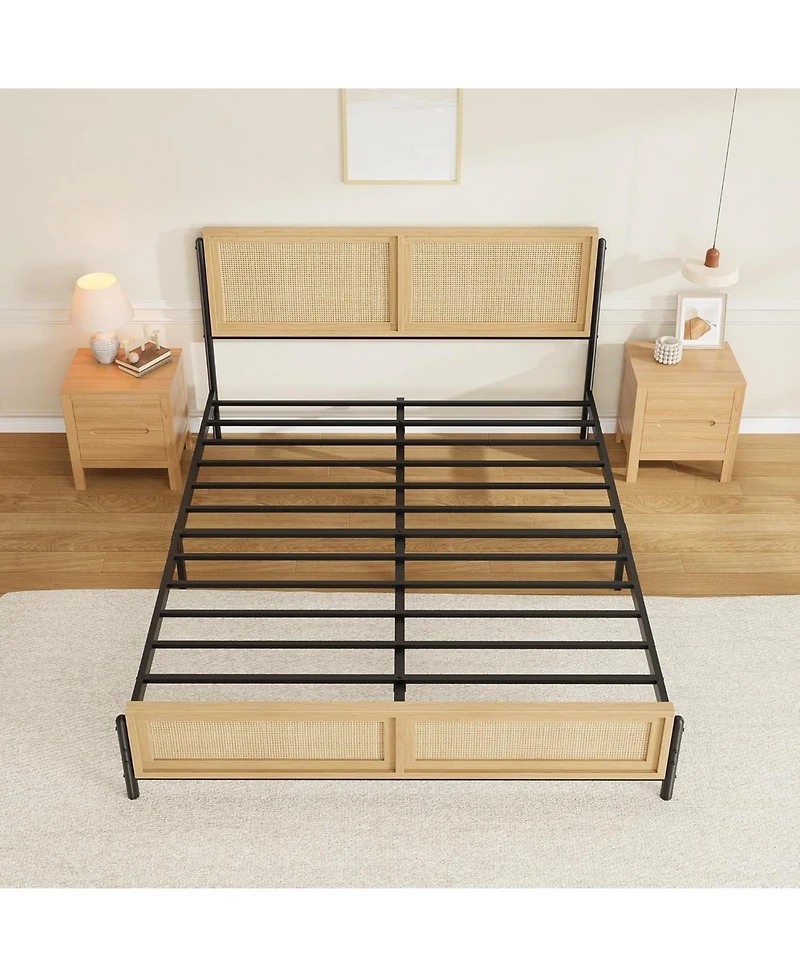 gaomon Bed Frame with Rattan Headboard & Footboard, Boho Wooden Platform Bed, No Box Spring Needed, Noise-Free, Easy Assembly