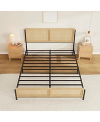 gaomon Bed Frame with Rattan Headboard & Footboard, Boho Wooden Platform Bed, No Box Spring Needed, Noise-Free, Easy Assembly