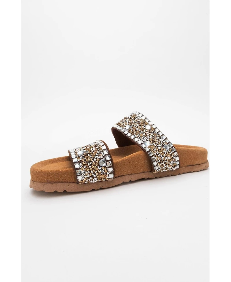 Forever & Always Shoes Women's Jamie Leather Double Strap Slide Sandal with Stones