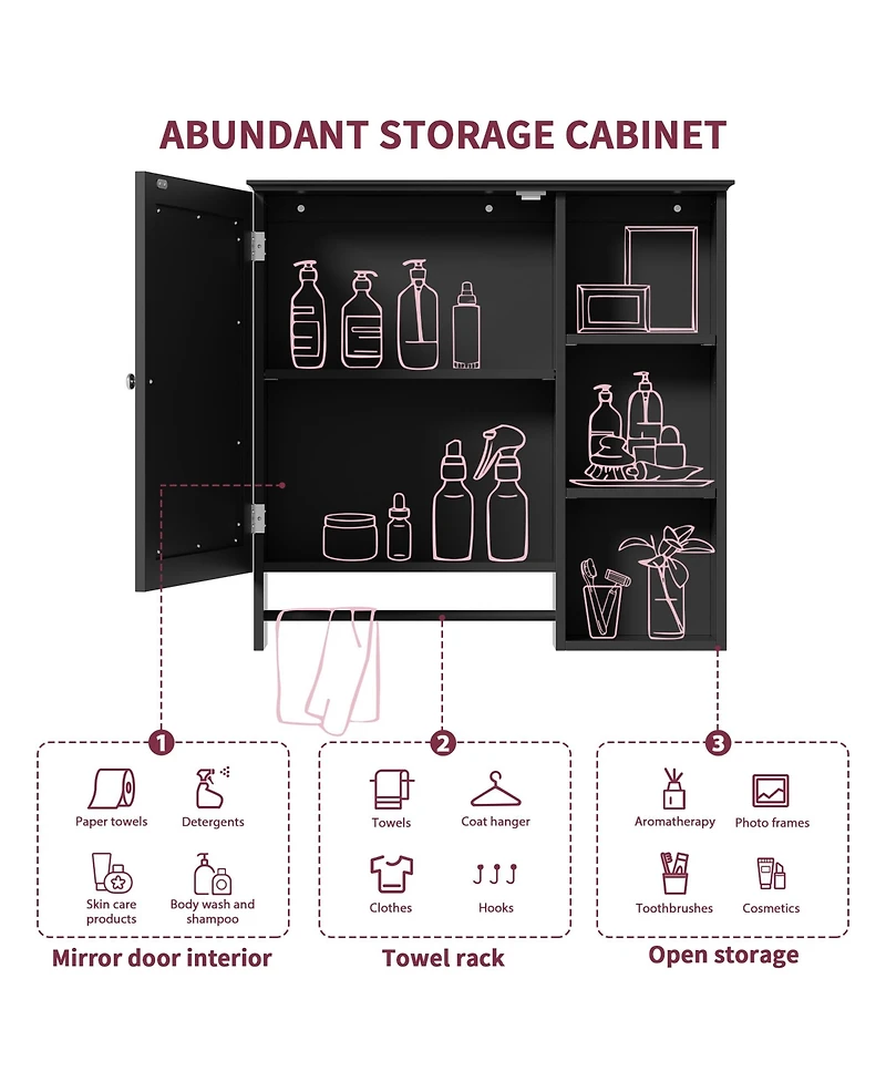 Busdays Wall Mounted Bathroom Storage Cabinet, Medicine Cabinets with large mirror door, adjustable shelves and three open storage levels