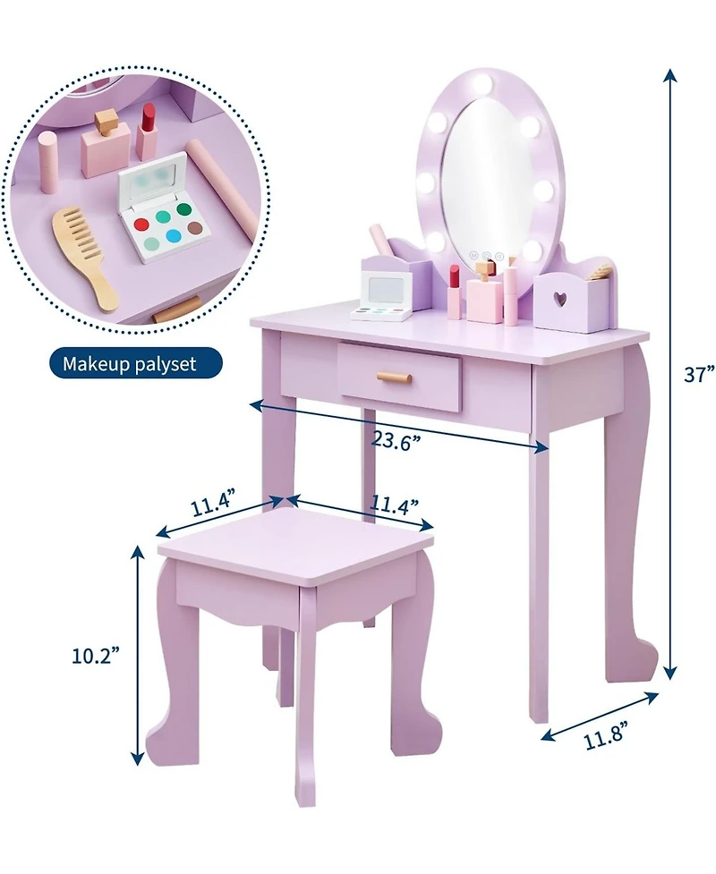 gaomon Toddler Lighted Vanity and Stool Set,Girls Perfect Gift Makeup Pretend Play Table.