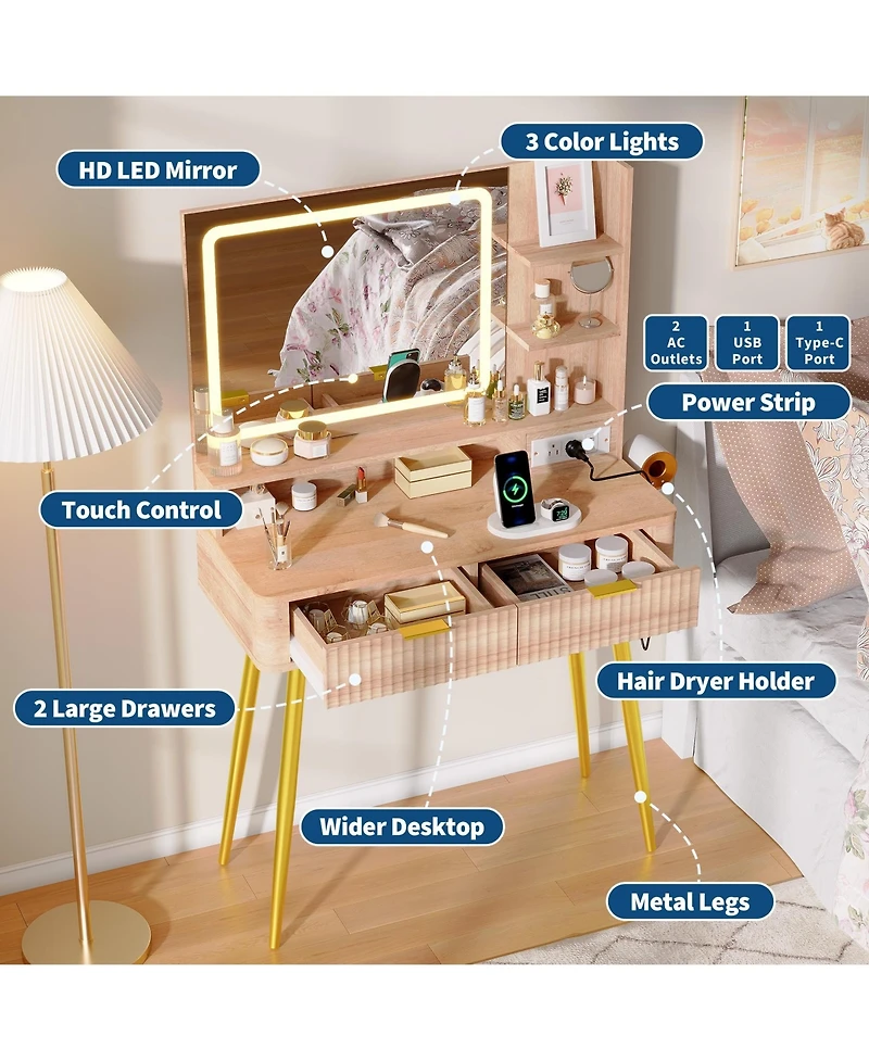 gaomon 31" Mid-Century Modern Makeup Vanity Desk with Lighted Mirror, 2 Drawers and Cabinet