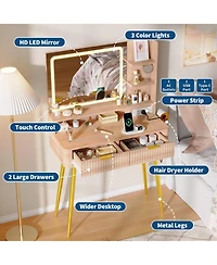 gaomon 31" Mid-Century Modern Makeup Vanity Desk with Lighted Mirror, 2 Drawers and Cabinet