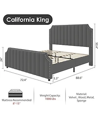 gaomon California King Velvet Upholstered Platform Bed Frame with Headboard & Footboard, Nailhead Trim, Wooden Slats, No Box Spring