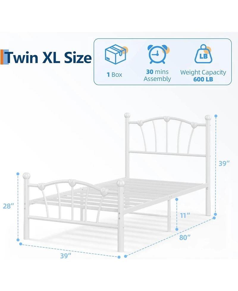 gaomon Kids Bed Frame with Headboard & Footboard, Heart-Shaped Metal Platform Bed, Heavy-Duty Steel Slats, Noise-Free, No Box Spring