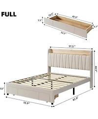 gaomon Full Bed Frame with Storage Drawer Upholstered Platform Storage Headboard Charging Station Wood Slats White