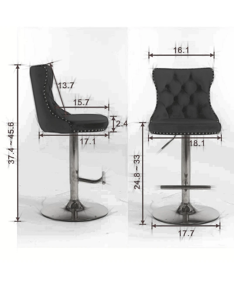 Rainsken Velvet Swivel Bar Stools Set of 2, Adjustable Counter Height Chairs with Nailhead Trim and Silver Metal Base for Kitchen Island.