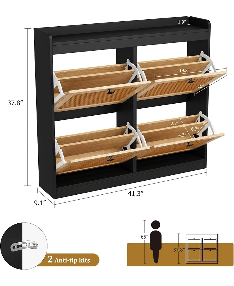 gaomon Shoe Cabinet Rattan with 4 Flip Drawers, Wooden Freestanding Organizer Adjustable Shelves, Storage for Entryway, Closet