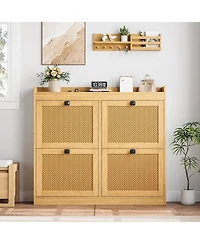 gaomon Shoe Cabinet Rattan with 4 Flip Drawers, Wooden Freestanding Shoe Organizer with Adjustable Shelves, Shoe Storage for Entryway, Closet