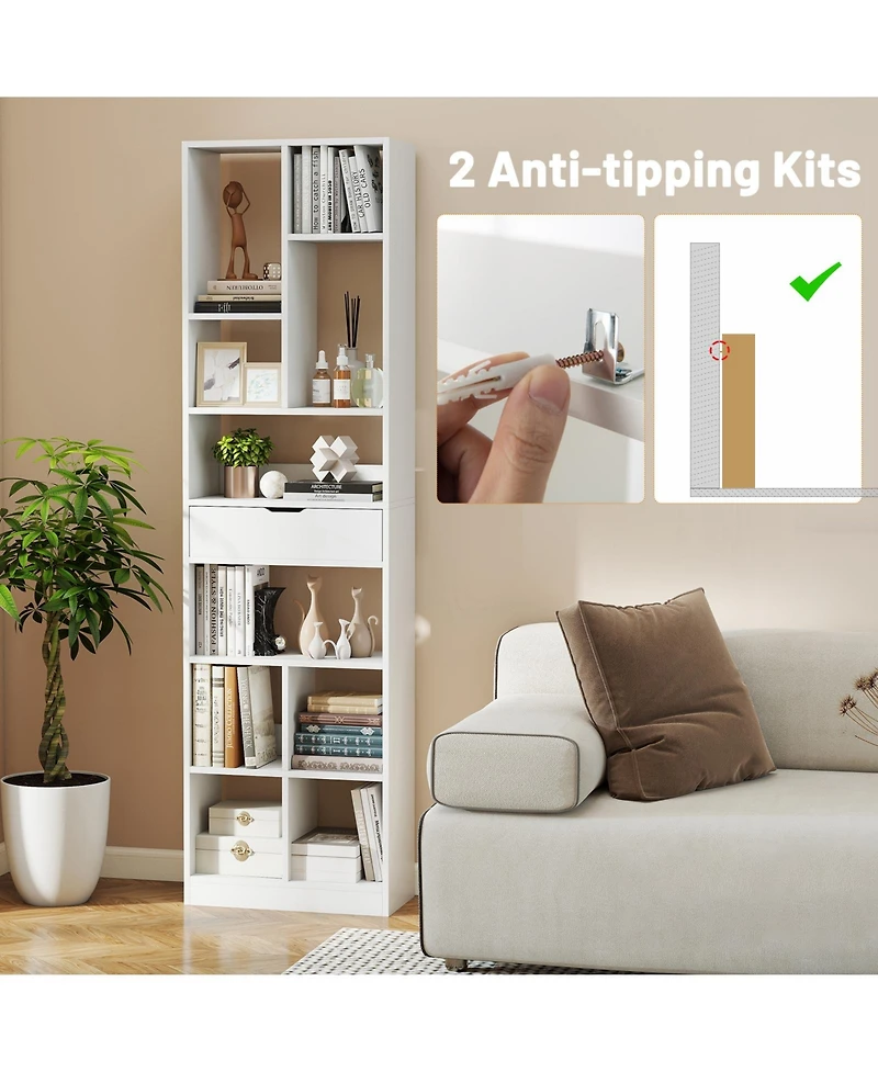 Slickblue 7-tier Bookshelf with Drawer 180cm Floor Standing Display Rack Storage Shelf.