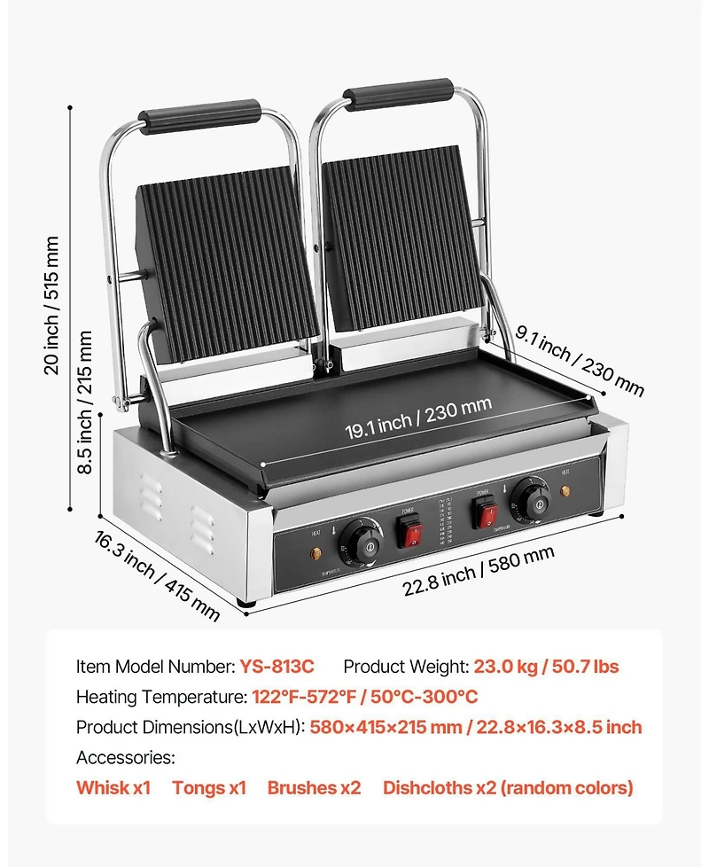 Ecooso 3600W Commercial Electric Panini Press Grill with Dual Plates and Temperature Control