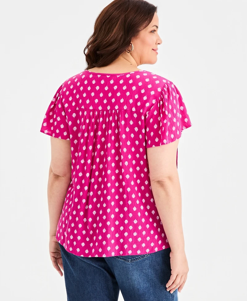 Style & Co Plus Printed Split-Neck Flutter-Sleeve Blouse, Macy's Exclusive