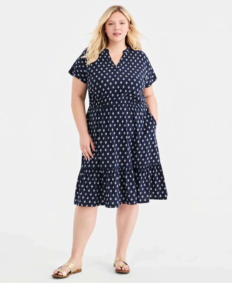 Style & Co Plus Split-Neck Printed Midi Dress, Macy's Exclusive