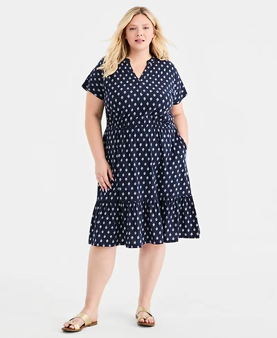 Style & Co Plus Split-Neck Printed Midi Dress, Macy's Exclusive