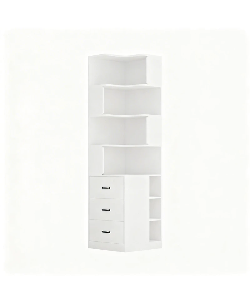 Yigii Corner Bookshelf L-Shaped 4-Tier 3 Drawers 3 Cubbies