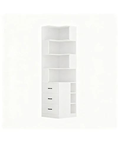 Yigii Corner Bookshelf L-Shaped 4-Tier 3 Drawers 3 Cubbies