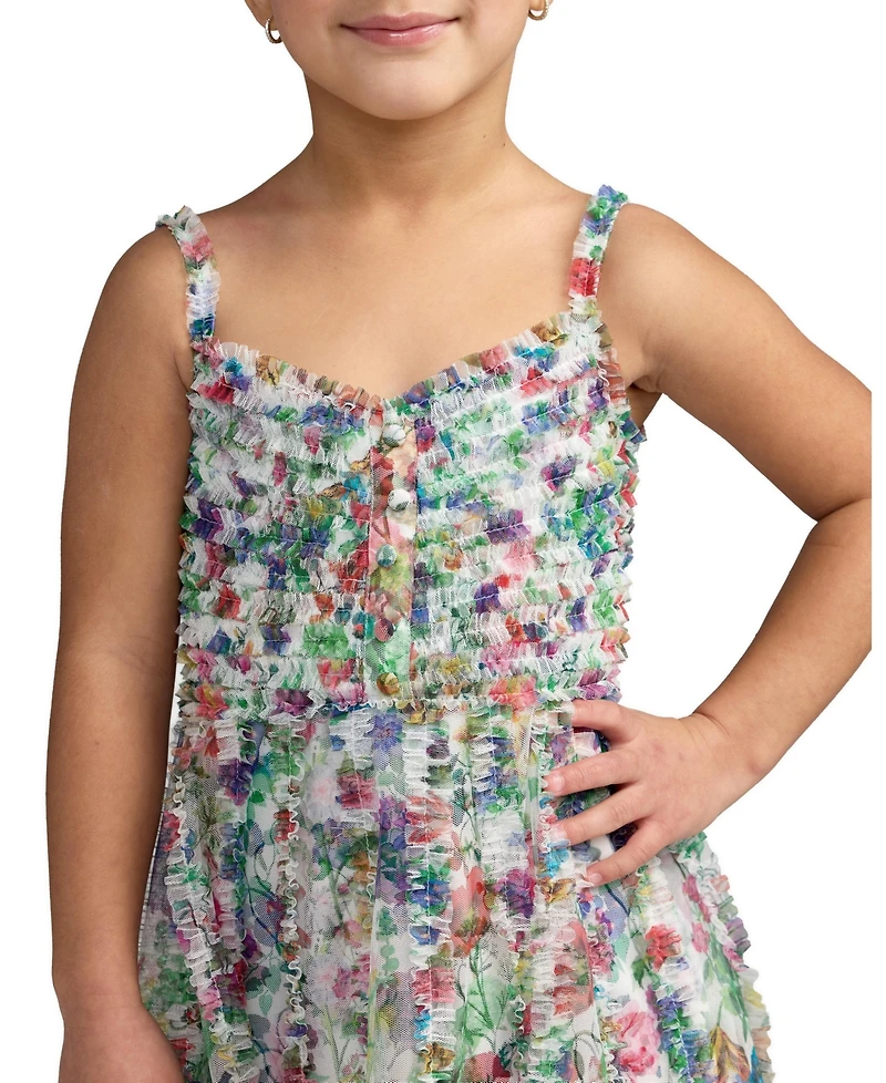 Mac Duggal Big Girls Mesh V-Neck Floral Print Mini Dress