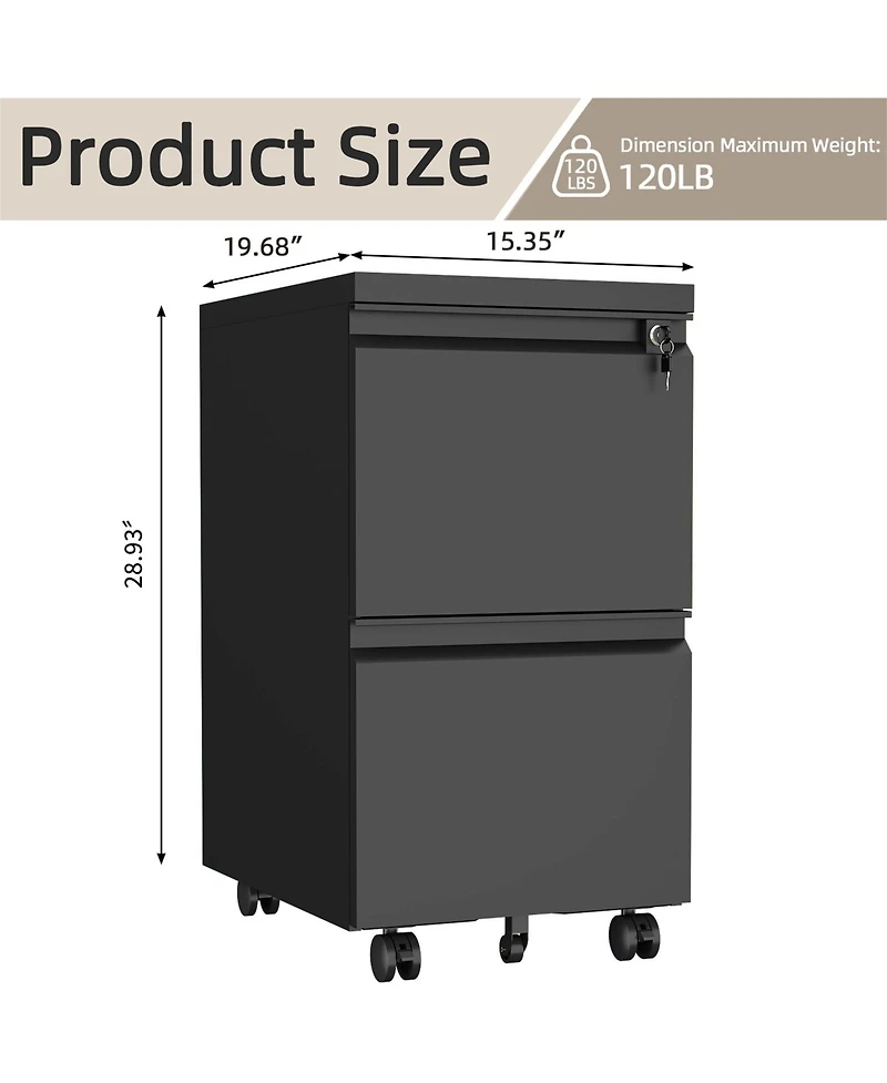 Clihome 2 Drawers Lock Metal Vertical Office File Cabient With Wheels Mobile