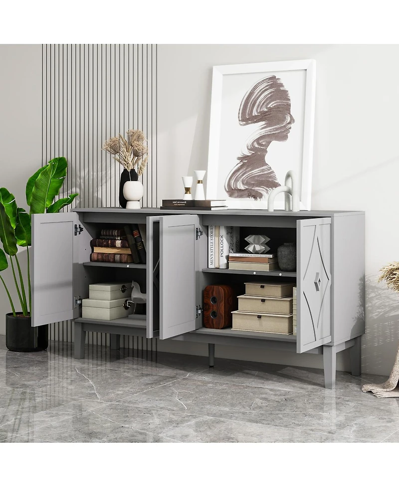 Streamdale Furniture Vintage 4-door cabinet with hand-carved geometric doors and adjustable shelves