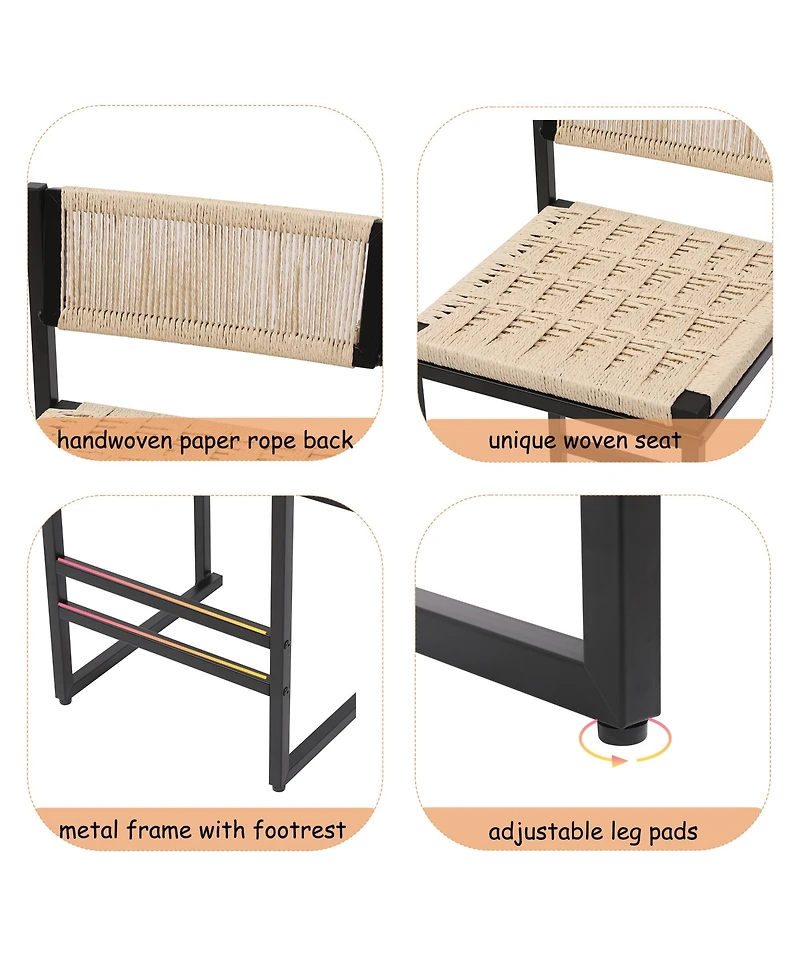 Rainsken Paper Rope Woven Bar Stools Set of 2, 25'' Counter Height Chairs with Back, Footrest for Kitchen Island, Home Pub