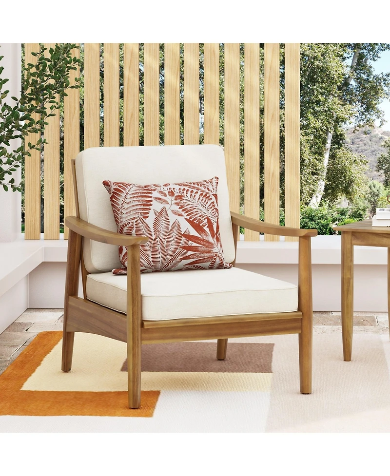Mondawe Wood Outdoor Club Chair with Thick Cushion, Teak Finish