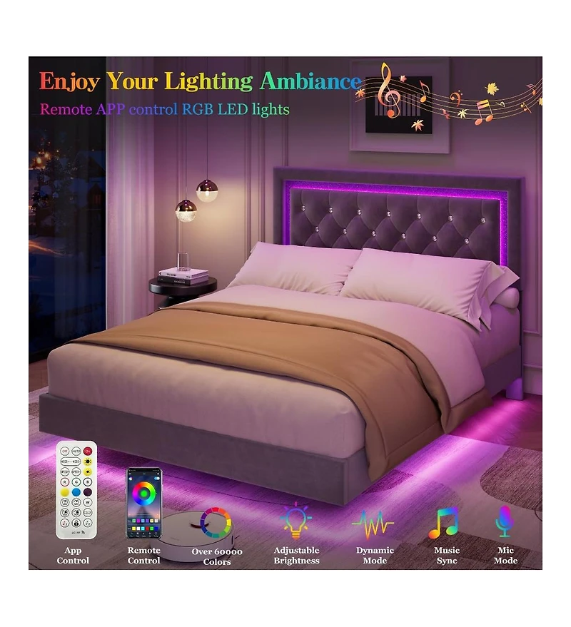 gaomon Queen Floating Bed Frame with Led Lights, Upholstered Diamond Headboard, Easy Assembly