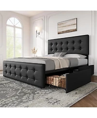 gaomon Bed Frame with 4 Storage Drawers and Headboard, Velvet Upholstered Platform Bed Frame with Wooden Slats Support