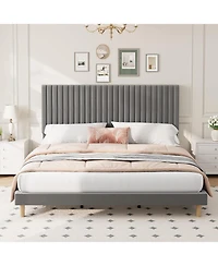 gaomon Velvet Platform Bed Frame with Vertical Channel Tufted Adjustable Headboard, Sturdy Wooden Slats, No Box Spring Needed