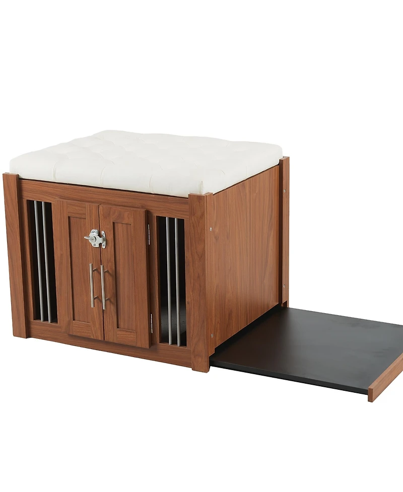 Aostirmotor Walnut Luxury Dog Crate Side Table with Storage Ottoman and Removable Cushion