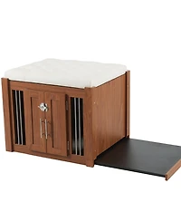 Aostirmotor Walnut Luxury Dog Crate Side Table with Storage Ottoman and Removable Cushion