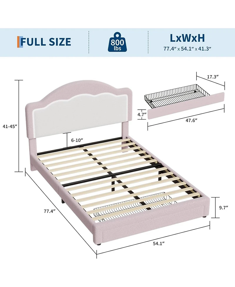 gaomon Kids Bed Frame with Led Headboard, Sherpa Upholstered Platform Bed with Storage Drawer, Wooden Slats, Easy Assembly