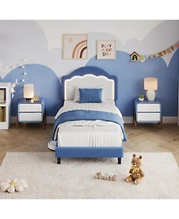 gaomon Twin Kids Upholstered Bed with Led Headboard, Plush Sherpa Fabric, Wooden Slats Support