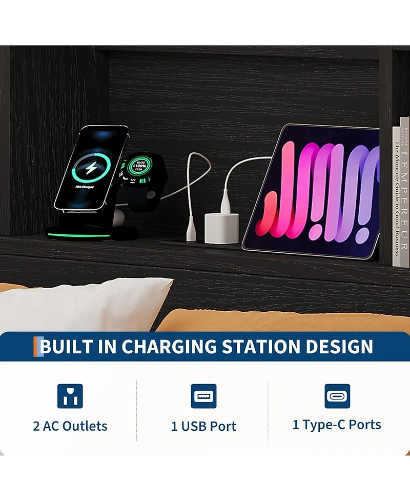 gaomon King Bed Frame with Storage Bookcase Headboard & 4 Drawers, Wood Platform Bed with Charging Station, No Box Spring