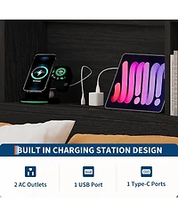 gaomon King Bed Frame with Storage Bookcase Headboard & 4 Drawers, Wood Platform Bed with Charging Station, No Box Spring