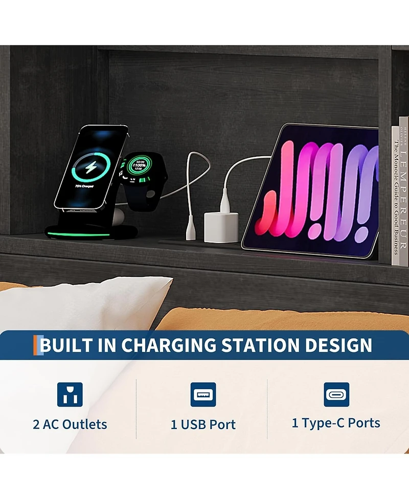 gaomon King Bed Frame with Storage Bookcase Headboard & 4 Drawers, Wood Platform Bed with Charging Station,No Box Spring, Ink